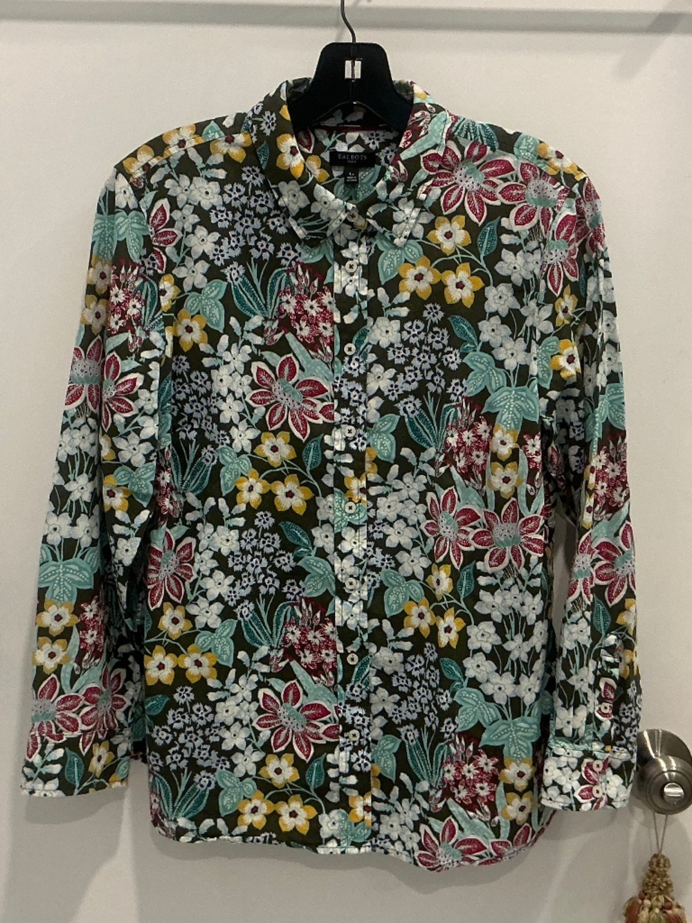 TALBOTS Khaki green floral button down collared shirt LP Large Petite